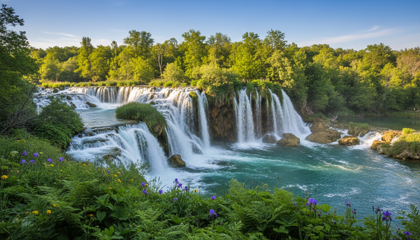 A breathtaking view of the waterfalls in Krka National Park, with multiple cascades of crystal-clear water plunging into serene turquoise pools below. In the foreground, lush green vegetation and vibrant wildflowers frame the scene, enhancing the natural beauty. The middle ground features the rushing waterfalls, capturing the motion and energy of the water as it tumbles over the rocky cliffs. In the background, a dense forest of tall trees under a bright blue sky adds depth and tranquility to the setting. The lighting is soft and warm, suggesting late afternoon sun, casting gentle shadows. The image conveys a peaceful yet invigorating atmosphere, perfect for showcasing one of Croatia's magnificent natural wonders. Photorealistic, natural colors, DSLR look, no text or overlays.