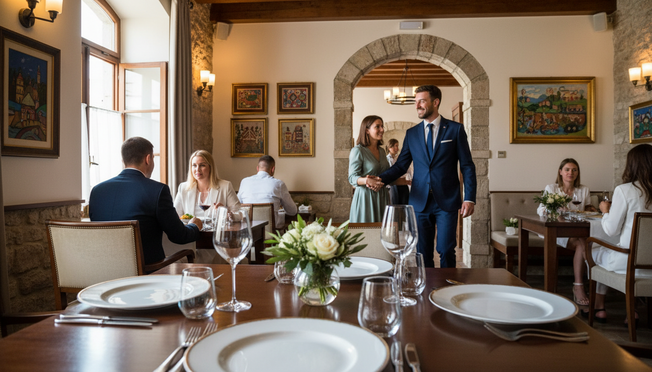 A cozy, elegant restaurant interior emphasizing the dining experience in Croatia. In the foreground, a polished wooden table is set with fine china, polished silverware, and a small, tasteful floral arrangement. In the middle ground, a host is greeting patrons at the entrance, dressed in smart business attire, while guests are seated and enjoying their meals. The background reveals tasteful decor featuring traditional Croatian artwork and soft, ambient lighting that creates a warm, inviting atmosphere. The scene captures a sense of refinement and etiquette, with natural colors and a photorealistic style reminiscent of a DSLR photograph, enhancing the elegance of dining. The composition focuses on conveying a welcoming yet sophisticated dining experience without any text or distractions. A cozy, elegant restaurant interior emphasizing the dining experience in Croatia. In the foreground, a polished wooden table is set with fine china, polished silverware, and a small, tasteful floral arrangement. In the middle ground, a host is greeting patrons at the entrance, dressed in smart business attire, while guests are seated and enjoying their meals. The background reveals tasteful decor featuring traditional Croatian artwork and soft, ambient lighting that creates a warm, inviting atmosphere. The scene captures a sense of refinement and etiquette, with natural colors and a photorealistic style reminiscent of a DSLR photograph, enhancing the elegance of dining. The composition focuses on conveying a welcoming yet sophisticated dining experience without any text or distractions.