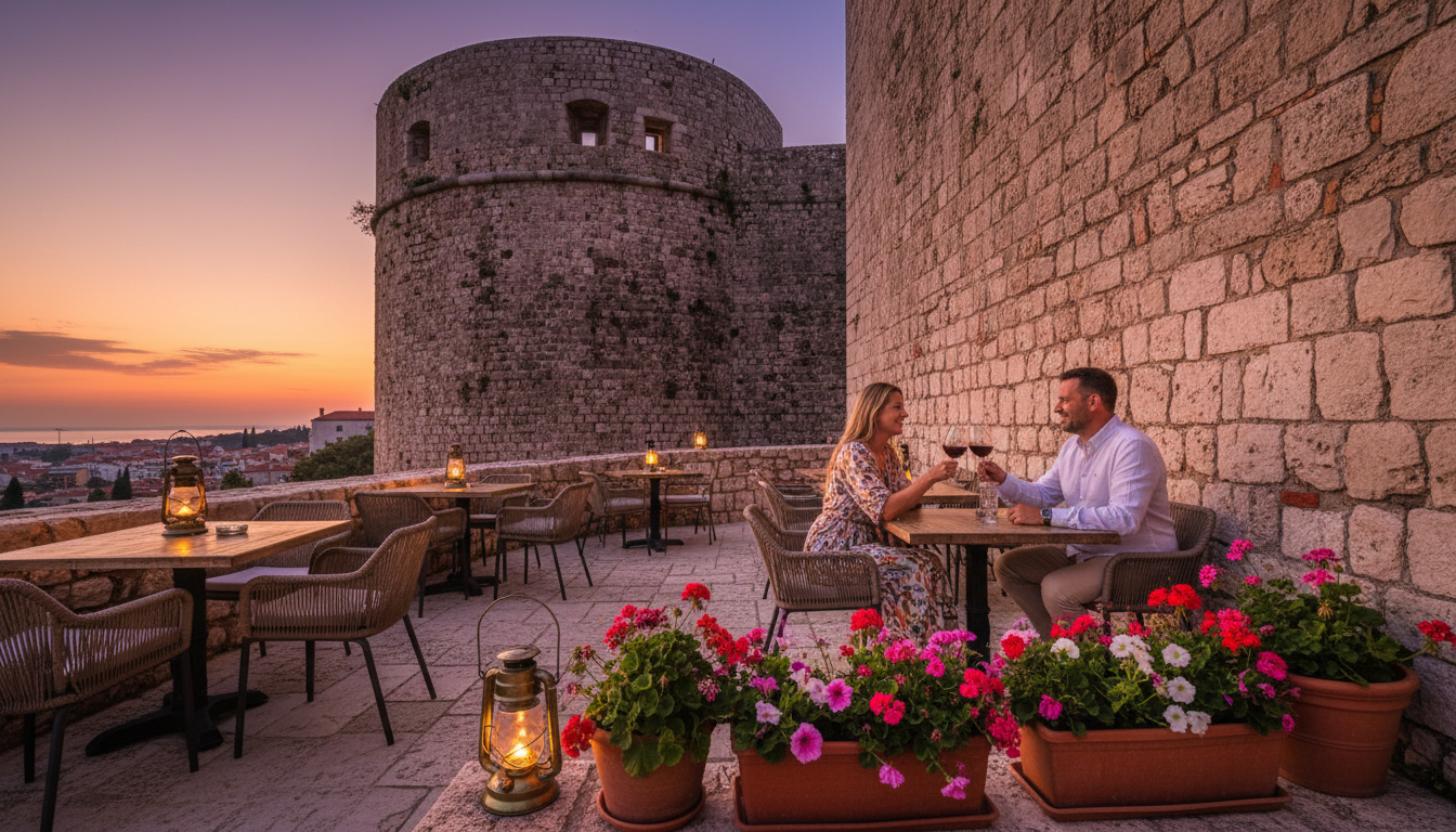 A cozy setting near St. Michael's Fortress in Šibenik, featuring a charming outdoor cafe with rustic wooden tables and comfortable chairs. In the foreground, vibrant flowers in terracotta pots add life to the scene, while softly glowing lanterns illuminate the setting as evening falls. The middle ground showcases a stone wall of St. Michael's Fortress, rugged yet majestic, with warm sunset light casting subtle shadows. In the background, the sky transitions into deep oranges and purples, enhancing the tranquil ambience. A couple dressed in smart casual attire enjoys a glass of wine, with the fortress setting creating a picturesque backdrop. The image captures a feeling of relaxation and warmth, evoking a sense of community and charm in this historic location. Photorealistic details, natural colors, and a DSLR-like quality complete the scene.