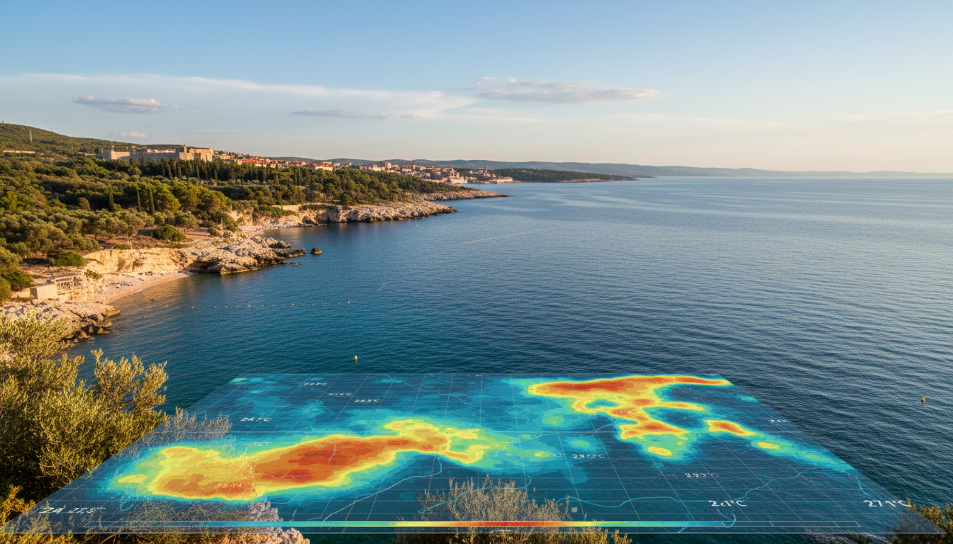 A panoramic view of the Adriatic Sea off the coast of Šibenik, Croatia, captured in stunning photorealism. In the foreground, a digital interface overlays real-time sea temperature data, showcasing vibrant temperature gradients from cool blues to warm yellows, symbolizing the fluctuating sea temperatures. The middle ground features a serene shoreline with rocky cliffs and lush greenery, under the brilliant sunlight reflecting off the water. The background reveals a clear azure sky with a few fluffy clouds. The scene is illuminated with natural sunlight, creating a warm and inviting atmosphere, as the lens captures the clarity and beauty of this coastal paradise, embodying the essence of summer near Šibenik.