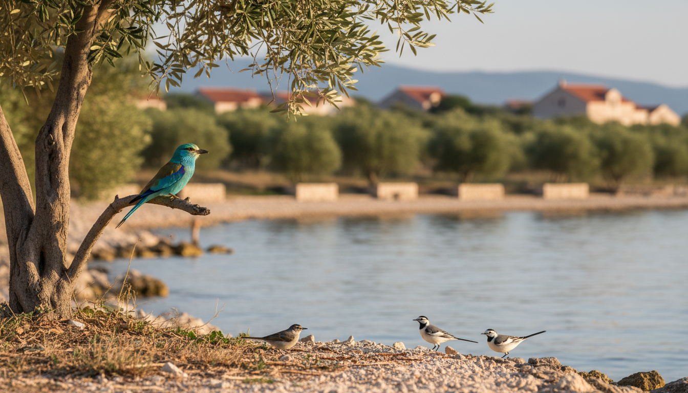 A photorealistic portrayal of the unique traits of local birds around Sibenik, Croatia. In the foreground, feature a vibrant, blue European Roller perched on a branch, showcasing its striking plumage. Nearby, a tiny, lively Sardinian Warbler hops on the ground, its distinctive black cap and grey body catching the sunlight. In the middle ground, include a pair of elegant White Wagtails by the water's edge, their graceful movements reflecting the serene environment. In the background, softly blurred olive trees and a tranquil coastal landscape under a late afternoon golden light enhance the scene. Use a DSLR lens perspective for depth and clarity, conveying a peaceful, natural atmosphere.