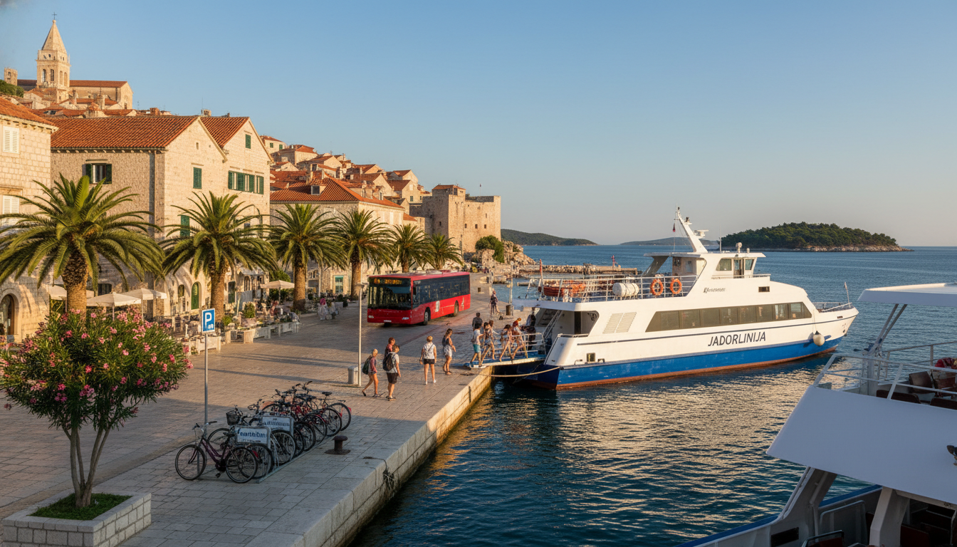 A photorealistic scene depicting the local transport and ferry options in Šibenik. In the foreground, a modern ferry is docked at the waterfront, with a few people boarding in modest casual clothing. The middle ground features local bus options and rental bicycles parked nearby, surrounded by lush greenery and charming Mediterranean architecture. In the background, the picturesque cityscape of Šibenik rises against a clear blue sky, with distant islands just visible on the horizon. The lighting is natural and warm, simulating early afternoon sun, creating inviting shadows. The overall atmosphere conveys a sense of vibrant activity and accessibility, emphasizing Šibenik as a gateway to beautiful islands for swimming. Shot with a DSLR for clarity and depth, showcasing rich, natural colors. A photorealistic scene depicting the local transport and ferry options in Šibenik. In the foreground, a modern ferry is docked at the waterfront, with a few people boarding in modest casual clothing. The middle ground features local bus options and rental bicycles parked nearby, surrounded by lush greenery and charming Mediterranean architecture. In the background, the picturesque cityscape of Šibenik rises against a clear blue sky, with distant islands just visible on the horizon. The lighting is natural and warm, simulating early afternoon sun, creating inviting shadows. The overall atmosphere conveys a sense of vibrant activity and accessibility, emphasizing Šibenik as a gateway to beautiful islands for swimming. Shot with a DSLR for clarity and depth, showcasing rich, natural colors.
