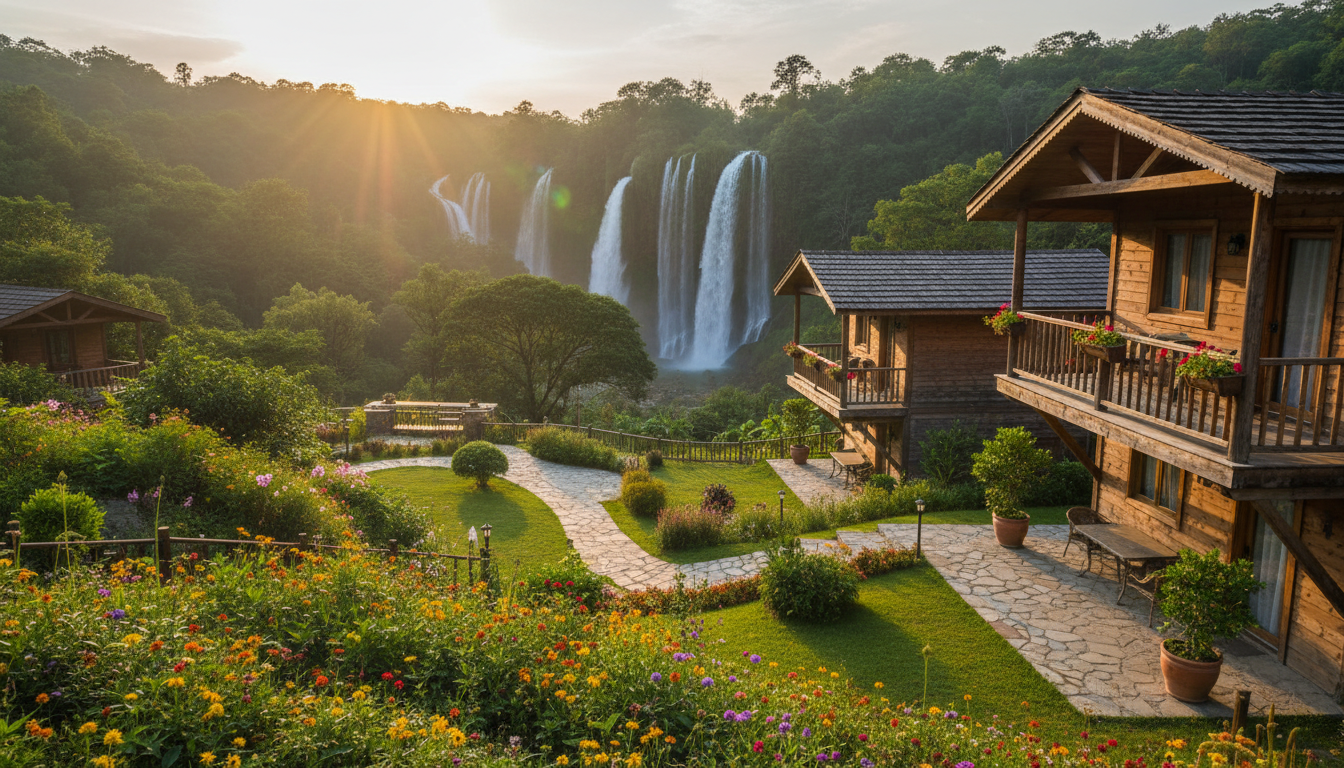 A picturesque scene capturing cozy accommodations near Krka National Park, showcasing a charming guesthouse surrounded by lush greenery and vibrant wildflowers in the foreground. The middle ground features well-kept pathways leading to rustic wooden cottages with welcoming balconies, all set against a backdrop of majestic waterfalls and deep green forest. The sun is low in the sky, casting warm, golden rays that illuminate the scene, enhancing the inviting atmosphere. The perspective is slightly elevated, offering a panoramic view that emphasizes the natural beauty of the area. The overall mood is serene and tranquil, perfect for travelers seeking a peaceful retreat in nature. Photorealistic rendering with natural colors, DSLR quality. A picturesque scene capturing cozy accommodations near Krka National Park, showcasing a charming guesthouse surrounded by lush greenery and vibrant wildflowers in the foreground. The middle ground features well-kept pathways leading to rustic wooden cottages with welcoming balconies, all set against a backdrop of majestic waterfalls and deep green forest. The sun is low in the sky, casting warm, golden rays that illuminate the scene, enhancing the inviting atmosphere. The perspective is slightly elevated, offering a panoramic view that emphasizes the natural beauty of the area. The overall mood is serene and tranquil, perfect for travelers seeking a peaceful retreat in nature. Photorealistic rendering with natural colors, DSLR quality.