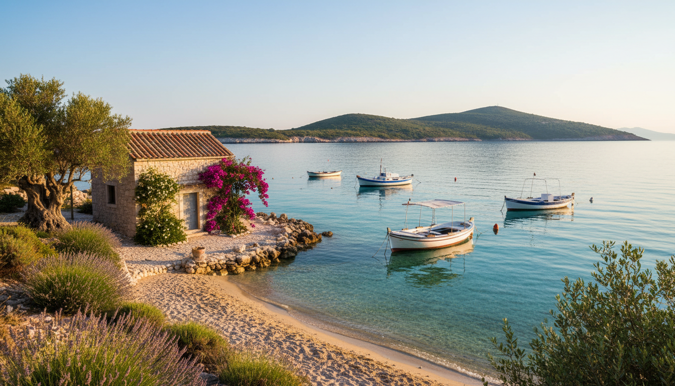 A picturesque scene depicting island life near Šibenik, Croatia, focusing on a tranquil beach setting. In the foreground, a small, traditional stone cottage with a terracotta roof, surrounded by vibrant Mediterranean flora—lavender, olive trees, and colorful bougainvillea. The middle ground features a gentle, clear blue sea with a few small fishing boats bobbing on the water, their reflections shimmering in the sunlight. In the background, the rugged coastline with lush green hills under a bright, sunny sky. The lighting is warm and inviting, creating a serene atmosphere that embodies relaxation and natural beauty. Shot with a DSLR lens, capturing the vivid colors and details of the landscape. A picturesque scene depicting island life near Šibenik, Croatia, focusing on a tranquil beach setting. In the foreground, a small, traditional stone cottage with a terracotta roof, surrounded by vibrant Mediterranean flora—lavender, olive trees, and colorful bougainvillea. The middle ground features a gentle, clear blue sea with a few small fishing boats bobbing on the water, their reflections shimmering in the sunlight. In the background, the rugged coastline with lush green hills under a bright, sunny sky. The lighting is warm and inviting, creating a serene atmosphere that embodies relaxation and natural beauty. Shot with a DSLR lens, capturing the vivid colors and details of the landscape.
