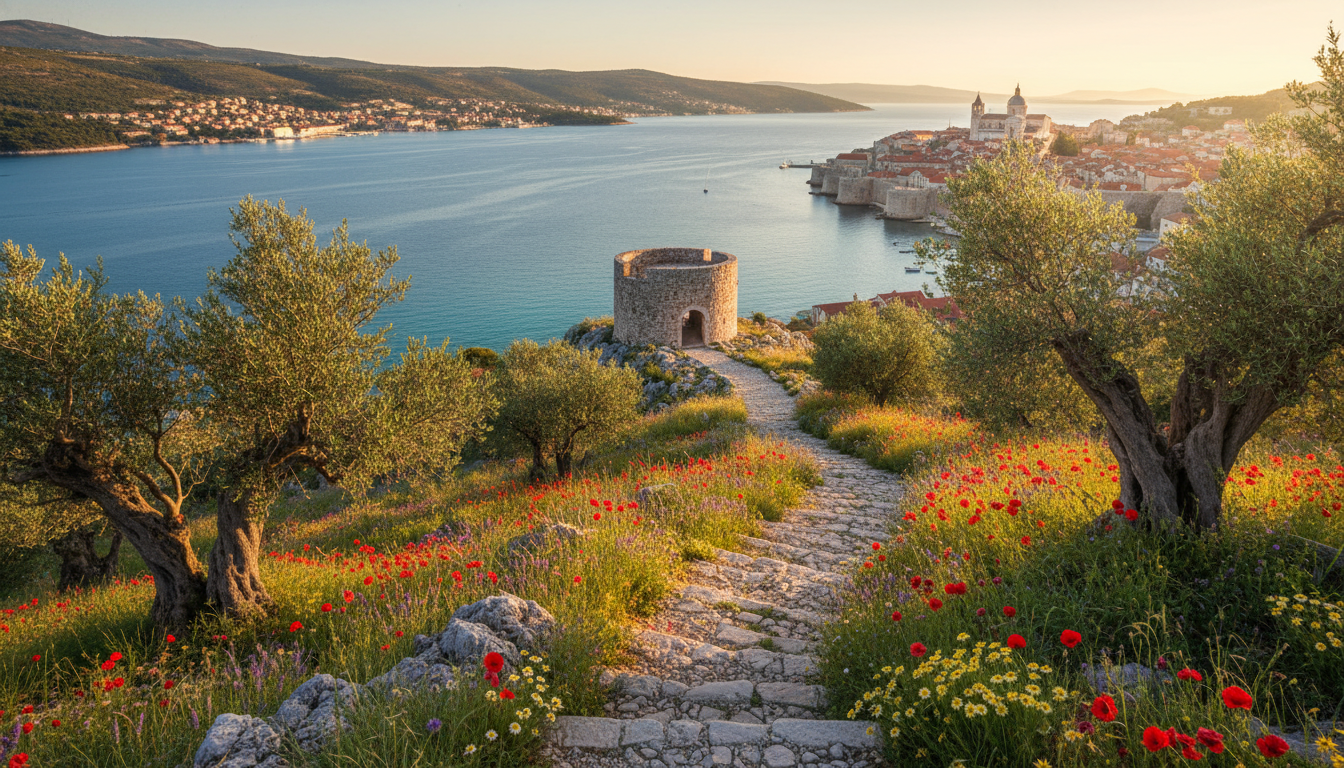 A picturesque view showcasing the stunning landscapes around Šibenik. In the foreground, vibrant Mediterranean vegetation, including olive trees and colorful wildflowers, leads the viewer's eye towards a rustic stone path. The middle ground reveals a charming viewpoint with a weathered stone lookout tower overlooking the shimmering Adriatic Sea. The background features the old town of Šibenik, with its iconic St. James Cathedral and ancient fortifications set against rolling hills. The scene is bathed in warm golden sunlight, enhancing the natural colors and creating a serene atmosphere. Capture this moment from a slightly elevated angle for a panoramic effect, simulating a HDR DSLR look, with rich details and a sense of tranquility.