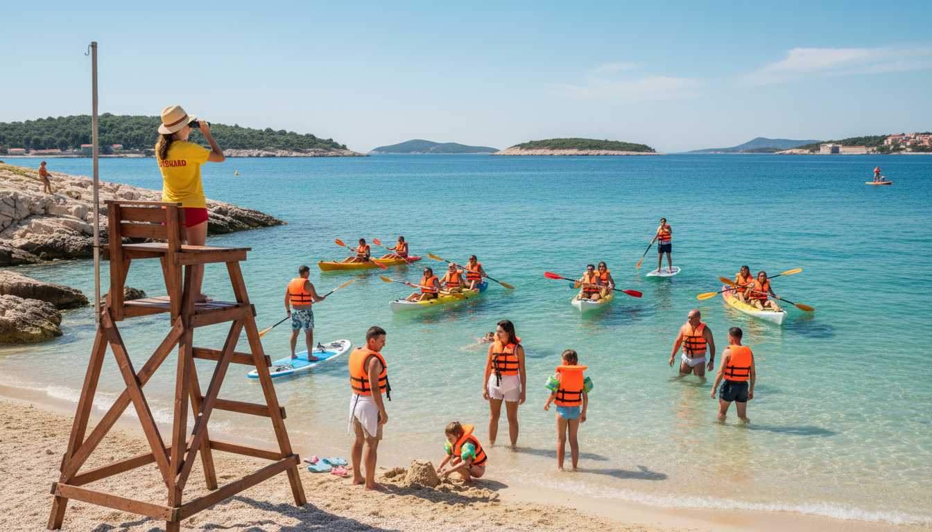 A serene Sibenik beach scene during the day, featuring a variety of water activities ensuring safety, such as families and individuals in modest casual clothing participating in kayaking, paddleboarding, and swimming while wearing life jackets. In the foreground, a lifeguard station with a vigilant lifeguard observing the water and providing guidance to beachgoers. The middle ground includes smiling families enjoying the water, with children playing safely under the watchful eyes of adults. The background showcases crystal-clear turquoise waters and rocky shorelines under a bright blue sky, with gentle waves lapping at the sand. The lighting is bright and natural, capturing the vibrant colors of the beach and water, evoking a mood of relaxation and security. Use a wide-angle lens to encompass the scenic beauty and safe atmosphere of the beach.