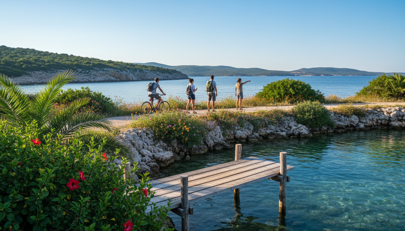 A serene eco-friendly island scene near Šibenik, featuring a small group of people in modest casual clothing exploring the lush greenery and crystal-clear waters. In the foreground, a wooden pier extends over calm blue water, with vibrant tropical plants framing the scene. In the middle ground, visitors are engaged in eco-friendly activities, like biking and hiking along the scenic paths lined with wildflowers. The background showcases a panoramic view of the island's rugged coastline and distant hills under a bright blue sky, with soft sunlight illuminating the landscape. The overall atmosphere is peaceful and inviting, evoking a sense of adventure in harmony with nature, captured in a photorealistic style with natural colors and a DSLR look.