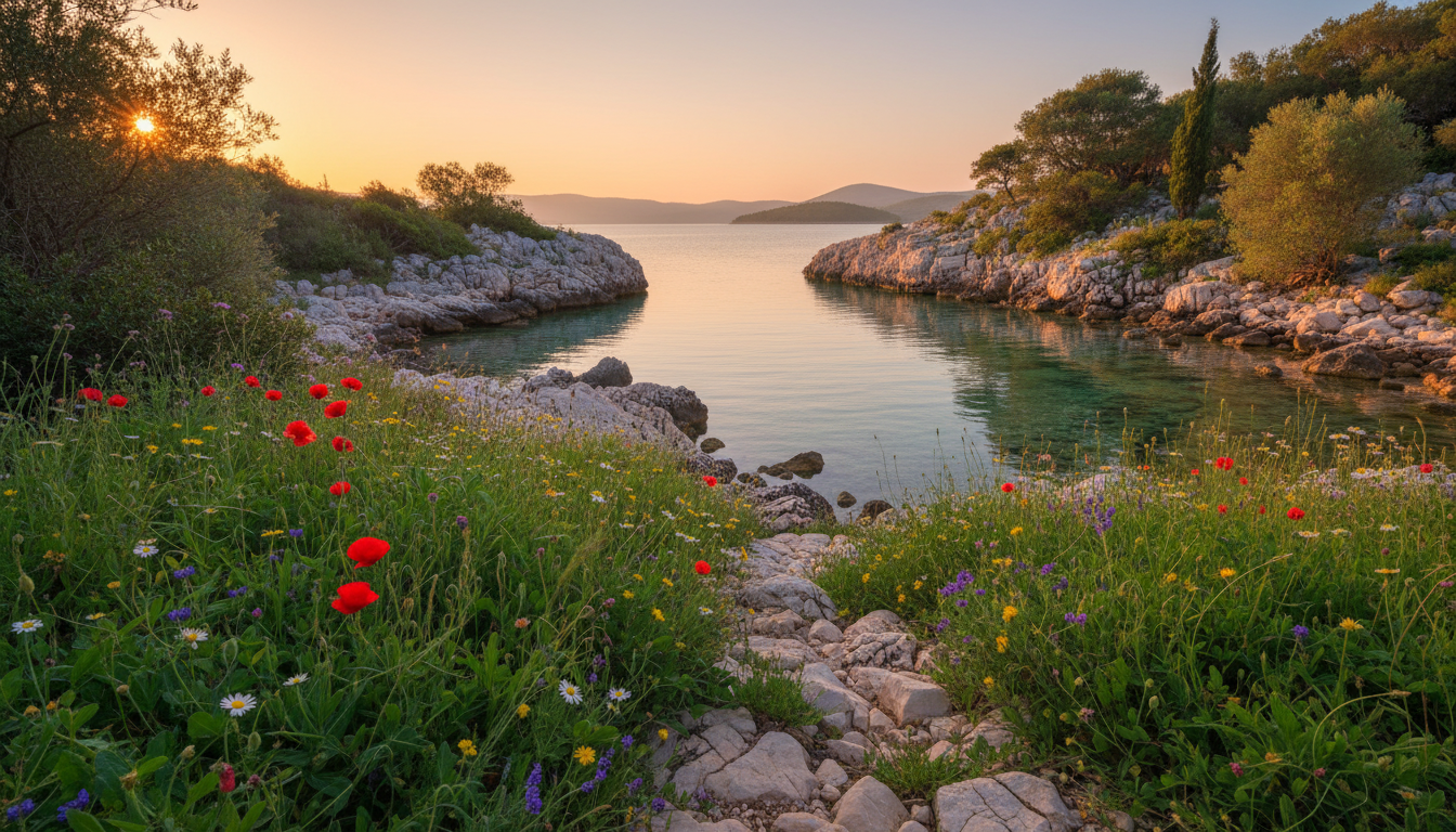 A serene hidden gem near Sibenik, captured during the golden hour before sunset. In the foreground, lush greenery and vibrant wildflowers create a natural carpet, while smooth stones lead the eye towards a pristine, secluded cove. The middle ground showcases a tranquil body of water reflecting the warm hues of the sunset, surrounded by rocky cliffs dotted with Mediterranean shrubs and trees. In the background, soft rolling hills fade into the distance, bathed in golden sunlight. The scene is illuminated with soft, warm lighting, evoking a sense of peace and serenity. The angle captures the essence of a hidden escape, inviting viewers to experience the untouched beauty of nature in a picturesque, photorealistic style. A serene hidden gem near Sibenik, captured during the golden hour before sunset. In the foreground, lush greenery and vibrant wildflowers create a natural carpet, while smooth stones lead the eye towards a pristine, secluded cove. The middle ground showcases a tranquil body of water reflecting the warm hues of the sunset, surrounded by rocky cliffs dotted with Mediterranean shrubs and trees. In the background, soft rolling hills fade into the distance, bathed in golden sunlight. The scene is illuminated with soft, warm lighting, evoking a sense of peace and serenity. The angle captures the essence of a hidden escape, inviting viewers to experience the untouched beauty of nature in a picturesque, photorealistic style.