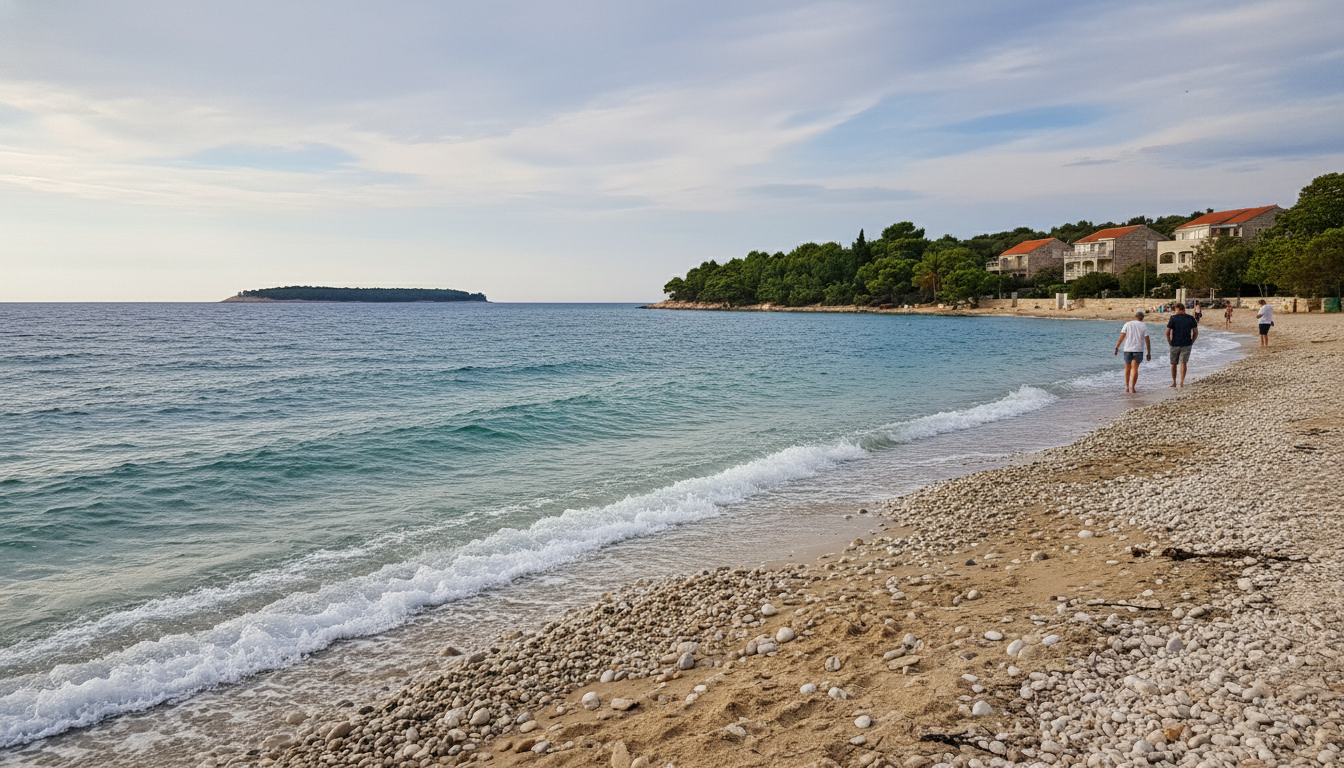 A serene view of Brodarica beach with the island of Krapanj in the distance, capturing a windy day atmosphere. In the foreground, gentle waves lap at the sandy shore scattered with smooth pebbles and seashells, while a few scattered beachgoers in modest casual clothing stroll along the coastline. The middle ground reveals the vibrant, lush greenery of the shoreline, leading to quaint stone houses with terracotta roofs. In the background, the island of Krapanj is visible, framed by deep blue waters under a partly cloudy sky. The scene is bathed in soft, natural lighting, evoking a feeling of tranquility and adventure. The perspective is from a low angle, offering a panoramic view of the picturesque coastal spot, highlighting the beauty of nature in this hidden gem of Sibenik.