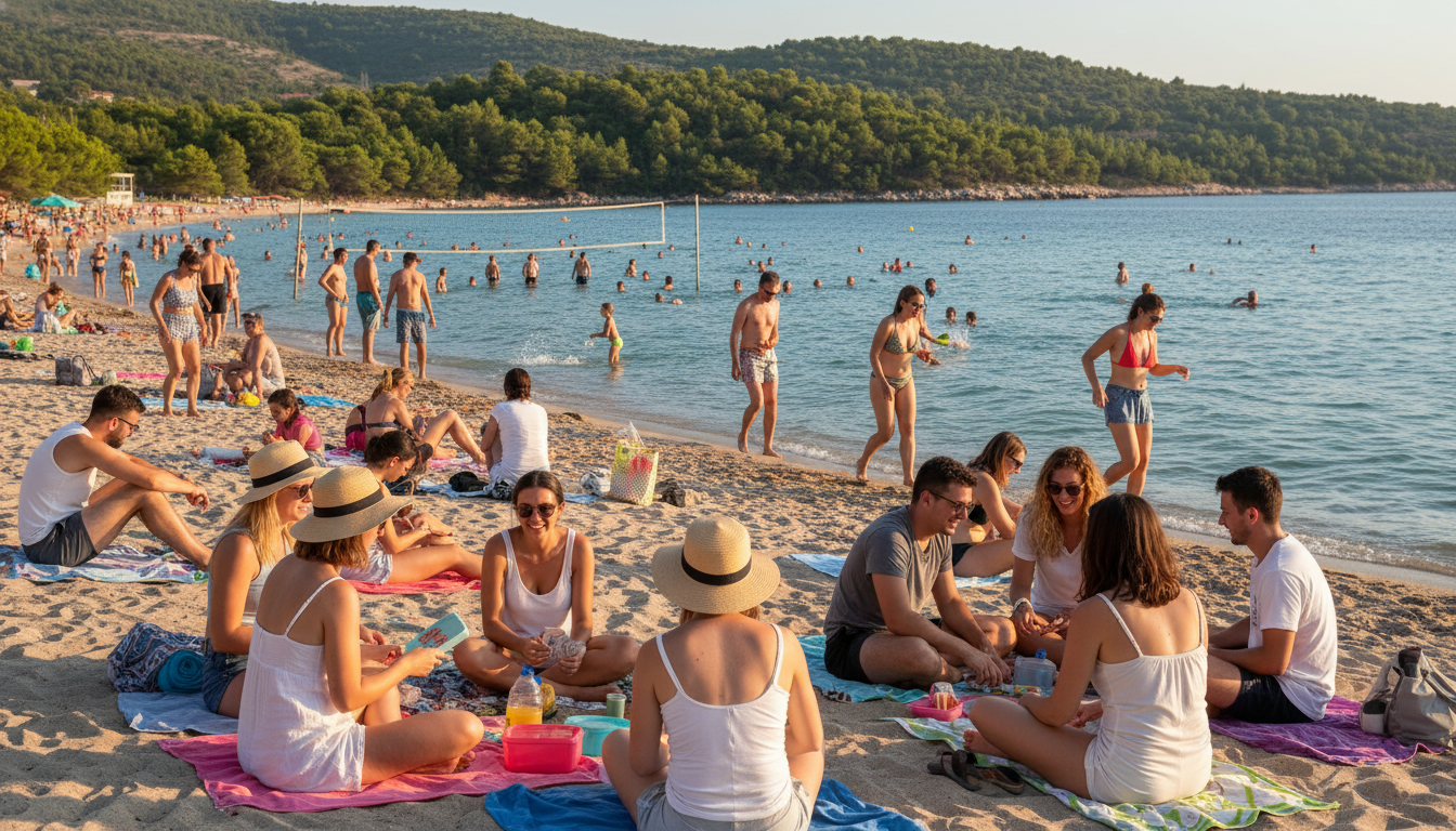 A vibrant scene depicting Rezaliste Beach, showcasing budget-friendly adventures. In the foreground, families and friends relax on colorful beach towels, enjoying packed lunches and engaging in fun games. The middle ground features people swimming joyfully in clear blue waters, with some playing beach volleyball. On the sandy shore, a mix of modest casual attire is worn by all. In the background, lush greenery gently slopes down to the beach, while the sun casts warm golden rays, creating a cheerful atmosphere. Use natural colors to enhance the photorealistic vibe, with a DSLR look that captures the essence of a sunny day at this beautiful location. The angle should be slightly elevated to encapsulate the entire beach scene without any text or overlays.