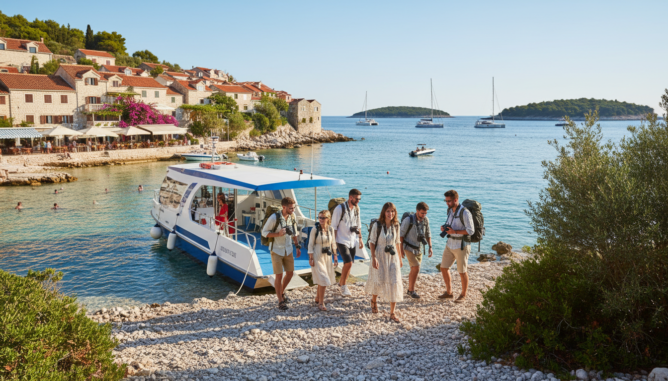 A vibrant scene of island hopping adventures in the stunning Croatian archipelago near Šibenik. In the foreground, a cheerful group of individuals in modest casual clothing, with cameras and backpacks, disembark from a stylish ferry onto a picturesque island with rocky shores and lush greenery. The middle layer features a charming coastal village with colorful houses, small cafes, and blooming flowers, bustling with tourists exploring the area. In the background, crystal-clear turquoise waters stretch out under a bright blue sky, dotted with other islands and sailboats. The atmosphere is lively and inviting, with warm sunlight casting gentle shadows, captured in a photorealistic style reminiscent of a high-quality DSLR shot. Natural colors highlight the beauty of this serene island setting, perfect for sightseeing adventures. A vibrant scene of island hopping adventures in the stunning Croatian archipelago near Šibenik. In the foreground, a cheerful group of individuals in modest casual clothing, with cameras and backpacks, disembark from a stylish ferry onto a picturesque island with rocky shores and lush greenery. The middle layer features a charming coastal village with colorful houses, small cafes, and blooming flowers, bustling with tourists exploring the area. In the background, crystal-clear turquoise waters stretch out under a bright blue sky, dotted with other islands and sailboats. The atmosphere is lively and inviting, with warm sunlight casting gentle shadows, captured in a photorealistic style reminiscent of a high-quality DSLR shot. Natural colors highlight the beauty of this serene island setting, perfect for sightseeing adventures.