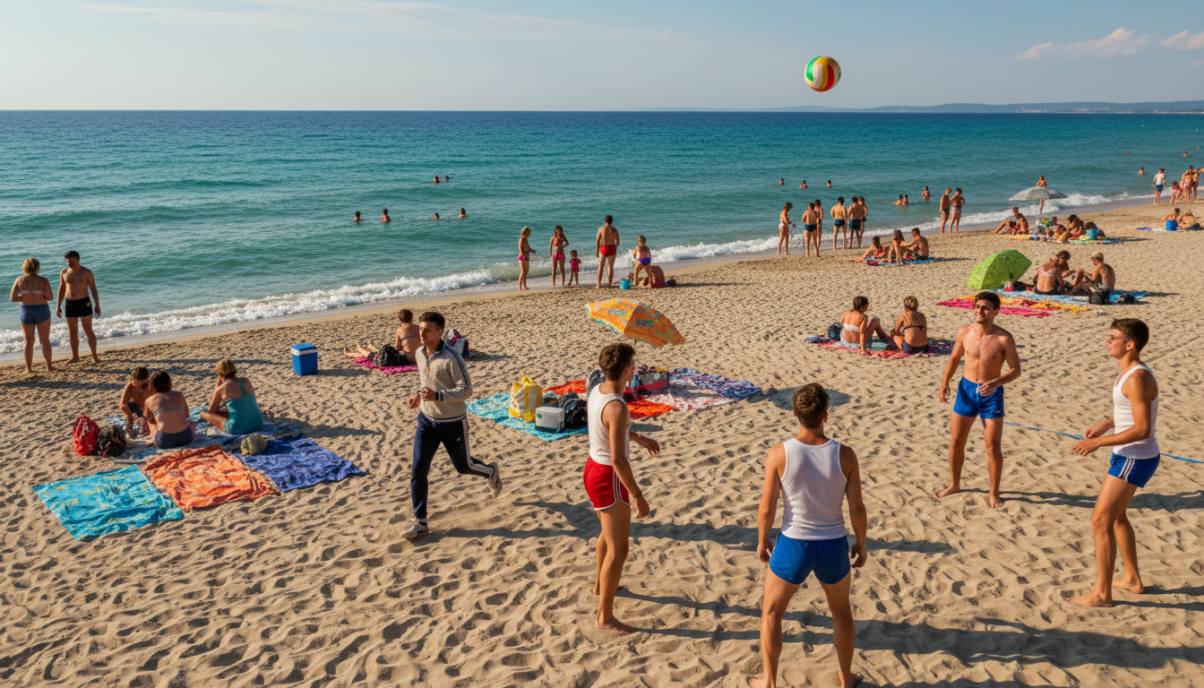 Rezaliste Beach scene, showcasing a budget-friendly atmosphere filled with sunbathers and active individuals. In the foreground, diverse people engage in beach activities like beach volleyball and jogging, wearing comfortable athletic clothing. The middle ground features soft sandy areas with colorful beach towels and umbrellas, while families enjoy picnics. In the background, the vibrant Adriatic Sea sparkles under the bright sun, with a clear blue sky dotted with wispy clouds. Capture the essence of a lively, cheerful day at the beach in natural colors. Use a wide-angle lens to encompass the beach's full expanse, with gentle sunlight illuminating the scene. The mood should be energetic and inviting, emphasizing the accessibility and vibrancy of Rezaliste Beach, perfect for budget-conscious travelers seeking adventure.