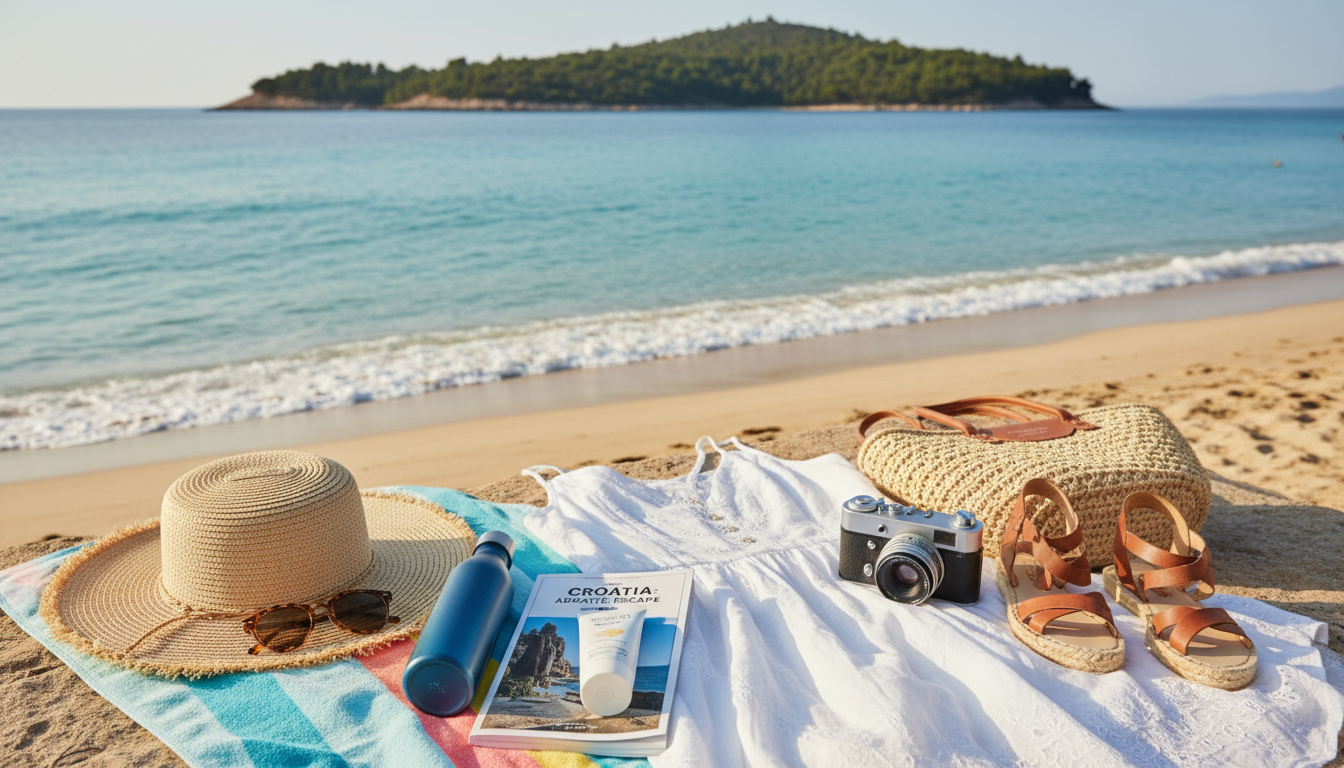 A beautiful flat lay of packing essentials for a Croatian beach vacation. In the foreground, neatly arranged items include a wide-brimmed straw hat, stylish sunglasses, a colorful beach towel, a reusable water bottle, sunscreen, a camera, and a travel guidebook. In the middle, a lightweight summer dress and a pair of comfortable sandals sit beside a small beach bag. In the background, a serene beach scene is visible with soft waves lapping at the shore and lush greenery of an island in the distance. The lighting is warm and inviting, reminiscent of a sunny day, with natural colors enhancing the cheerful atmosphere. The image captures the essence of a carefree island adventure, emphasizing relaxation and preparation. A beautiful flat lay of packing essentials for a Croatian beach vacation. In the foreground, neatly arranged items include a wide-brimmed straw hat, stylish sunglasses, a colorful beach towel, a reusable water bottle, sunscreen, a camera, and a travel guidebook. In the middle, a lightweight summer dress and a pair of comfortable sandals sit beside a small beach bag. In the background, a serene beach scene is visible with soft waves lapping at the shore and lush greenery of an island in the distance. The lighting is warm and inviting, reminiscent of a sunny day, with natural colors enhancing the cheerful atmosphere. The image captures the essence of a carefree island adventure, emphasizing relaxation and preparation.
