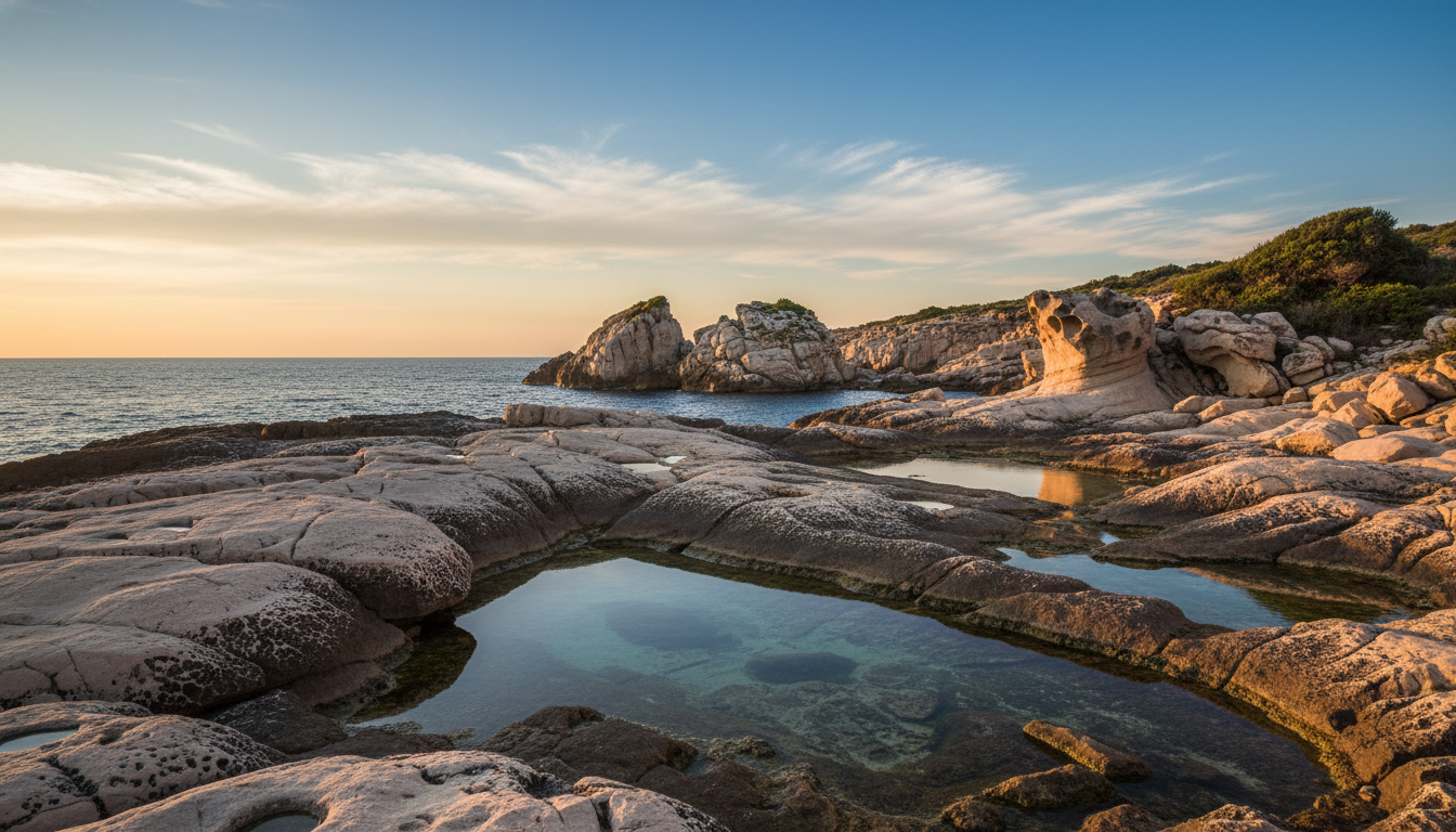 A breathtaking view of the unique geology of the Sibenik coast, featuring dramatic cliffs with layered limestone and rock formations in vivid detail. In the foreground, the rugged shoreline with large boulders and small tidal pools, reflecting the natural colors of the coastal environment. The middle ground showcases rocky outcrops and prominent geological features uniquely shaped by erosion, with patches of lush green vegetation. In the background, the deep blue Adriatic Sea meets a clear sky, with soft clouds gently illuminated by the warm afternoon sunlight. Capture this scene using a wide-angle lens to emphasize the grandeur of the landscape, creating a serene and awe-inspiring mood that invites exploration.