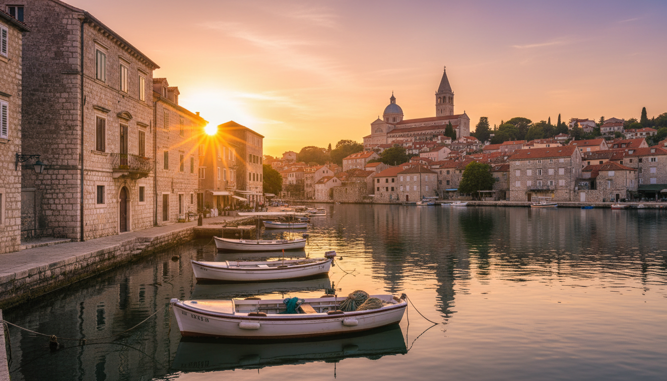 A picturesque view of Šibenik's charming old town and waterfront at sunset, showcasing the intricate stone architecture of the historic buildings in the foreground, bathed in warm golden light. In the middle, the serene waters of the Krka River reflect the vibrant colors of the sky, with a few small local boats gently bobbing on the surface. The background features the majestic St. James Cathedral rising above the skyline, surrounded by terracotta-roofed houses and lush greenery. Include a slight lens flare effect to enhance the dreamy atmosphere. The scene captures a tranquil ambiance, inviting viewers to immerse themselves in the beauty of this coastal gem. The composition should have a DSLR-like clarity, emphasizing natural colors without any text or filters. A picturesque view of Šibenik's charming old town and waterfront at sunset, showcasing the intricate stone architecture of the historic buildings in the foreground, bathed in warm golden light. In the middle, the serene waters of the Krka River reflect the vibrant colors of the sky, with a few small local boats gently bobbing on the surface. The background features the majestic St. James Cathedral rising above the skyline, surrounded by terracotta-roofed houses and lush greenery. Include a slight lens flare effect to enhance the dreamy atmosphere. The scene captures a tranquil ambiance, inviting viewers to immerse themselves in the beauty of this coastal gem. The composition should have a DSLR-like clarity, emphasizing natural colors without any text or filters.