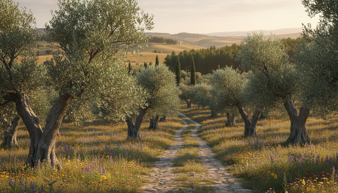 A serene landscape featuring lush olive groves under soft golden sunlight. In the foreground, gnarled olive trees with silvery-green leaves create a textured tapestry, their twisted trunks showcasing age and resilience. A winding historic path, made of stone and bordered by wildflowers, meanders through the grove, inviting exploration. In the middle ground, gentle, rolling hills fade into a warm, sunlit horizon, while the background reveals distant pine forests, their deep green contrasting with the olive grove's hues. The scene evokes a tranquil atmosphere, perfect for walking and reflection, captured in a photorealistic style with a DSLR perspective that highlights natural colors and intricate details. The lighting is soft and warm, creating a peaceful, idyllic setting for a leisurely stroll through history. A serene landscape featuring lush olive groves under soft golden sunlight. In the foreground, gnarled olive trees with silvery-green leaves create a textured tapestry, their twisted trunks showcasing age and resilience. A winding historic path, made of stone and bordered by wildflowers, meanders through the grove, inviting exploration. In the middle ground, gentle, rolling hills fade into a warm, sunlit horizon, while the background reveals distant pine forests, their deep green contrasting with the olive grove's hues. The scene evokes a tranquil atmosphere, perfect for walking and reflection, captured in a photorealistic style with a DSLR perspective that highlights natural colors and intricate details. The lighting is soft and warm, creating a peaceful, idyllic setting for a leisurely stroll through history.