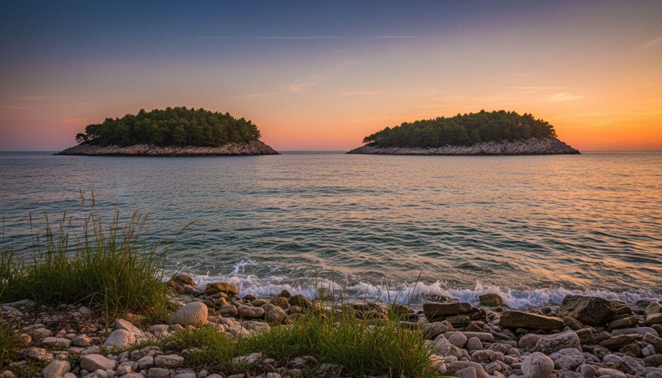 A serene view of quiet islands near Šibenik, Croatia at sunset. In the foreground, gentle waves lap at the rocky shoreline, scattered with smooth pebbles and patches of green grass. The middle ground features a couple of small, uninhabited islands, adorned with lush pine trees and rocky cliffs under a warm golden light. The background presents a tranquil sea, reflecting the vibrant hues of the sky, transitioning from soft oranges to deep blues as the sun sets. Capture the mood of peace and authenticity, emphasizing the natural beauty and isolation of these islands. Use a DSLR perspective to enhance the vividness and depth, showcasing the clarity of the scene with natural colors, no filters, and a photorealistic quality. A serene view of quiet islands near Šibenik, Croatia at sunset. In the foreground, gentle waves lap at the rocky shoreline, scattered with smooth pebbles and patches of green grass. The middle ground features a couple of small, uninhabited islands, adorned with lush pine trees and rocky cliffs under a warm golden light. The background presents a tranquil sea, reflecting the vibrant hues of the sky, transitioning from soft oranges to deep blues as the sun sets. Capture the mood of peace and authenticity, emphasizing the natural beauty and isolation of these islands. Use a DSLR perspective to enhance the vividness and depth, showcasing the clarity of the scene with natural colors, no filters, and a photorealistic quality.