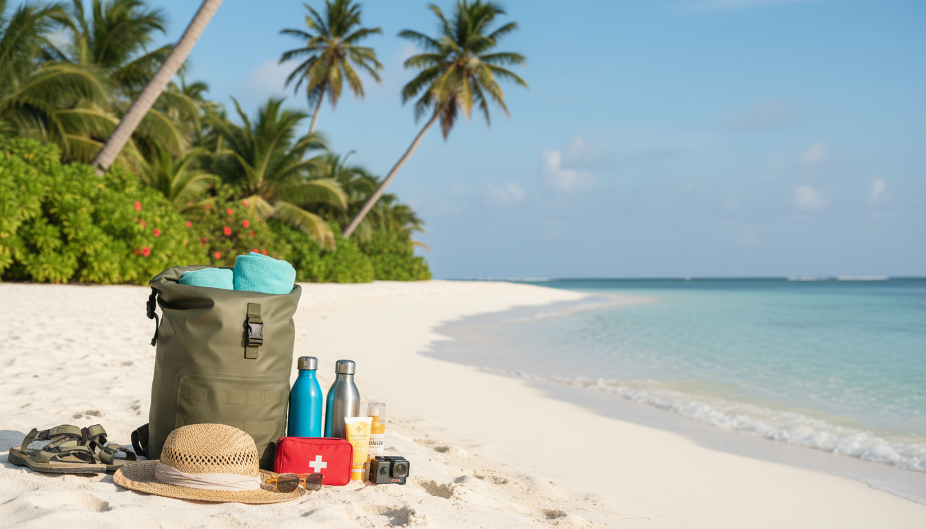 A vibrant, photorealistic scene capturing essential travel gear and practical equipment for an island day trip. In the foreground, showcase a neatly arranged selection of items such as a durable waterproof backpack, a sun hat, reusable water bottles, a compact first aid kit, travel-sized sunscreen, and a lightweight beach towel. In the middle ground, include a sandy beach with crystal-clear waters and lush tropical vegetation. In the background, feature distant palm trees swaying gently in the breeze under a clear blue sky. Soft, natural sunlight illuminates the scene, creating a warm and inviting atmosphere. Aim for a close-up perspective that highlights the details of the gear while providing a sense of the idyllic island setting, without any people or distractions. A vibrant, photorealistic scene capturing essential travel gear and practical equipment for an island day trip. In the foreground, showcase a neatly arranged selection of items such as a durable waterproof backpack, a sun hat, reusable water bottles, a compact first aid kit, travel-sized sunscreen, and a lightweight beach towel. In the middle ground, include a sandy beach with crystal-clear waters and lush tropical vegetation. In the background, feature distant palm trees swaying gently in the breeze under a clear blue sky. Soft, natural sunlight illuminates the scene, creating a warm and inviting atmosphere. Aim for a close-up perspective that highlights the details of the gear while providing a sense of the idyllic island setting, without any people or distractions.